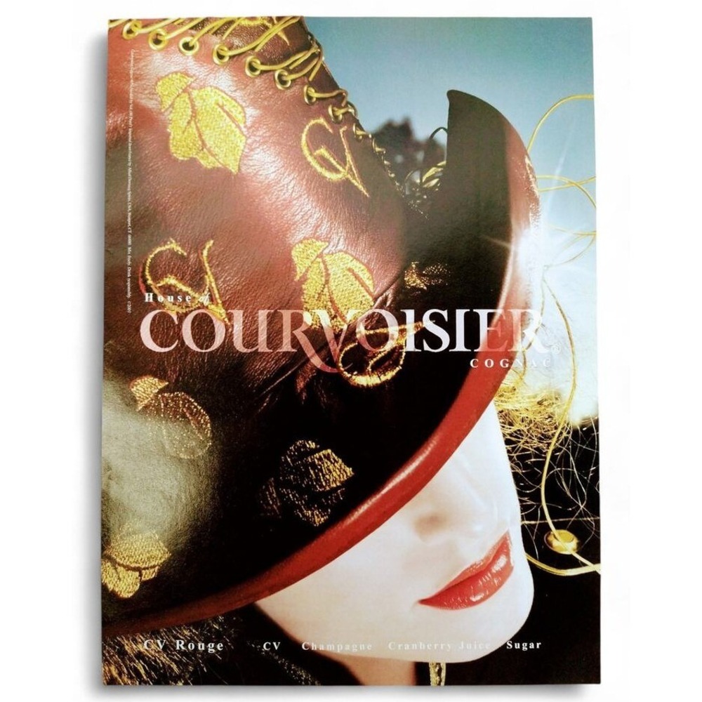 2001 Courvoisier Cognac Print Ad Fashion Hat Steampunk Y2K Red Gold Wall Art